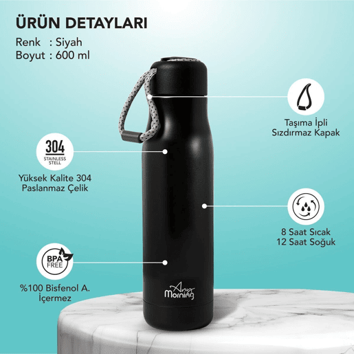 Garrafa Térmica Any Morning 600 ml Inox Preto Antivazamento