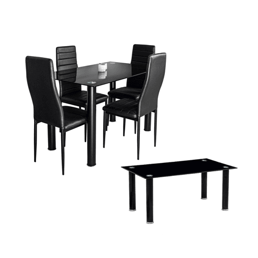 Pacote Elegance: Mesa de Vidro Temperado + 4 Cadeiras em Couro + Mesa de Centro de Vidro Temperado