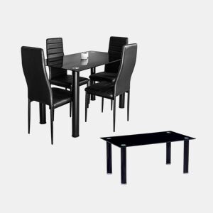 Pacote Elegance: Mesa de Vidro Temperado + 4 Cadeiras em Couro + Mesa de Centro de Vidro Temperado