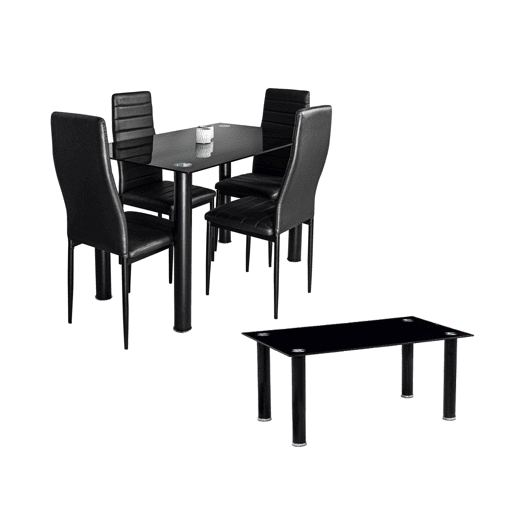 Pacote Elegance: Mesa de Vidro Temperado + 4 Cadeiras em Couro + Mesa de Centro de Vidro Temperado