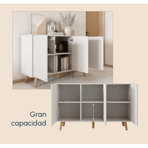 Aparador Sala de estar e jantar Branco 120x40x76 3 portas Renzo Muebles Bonitos