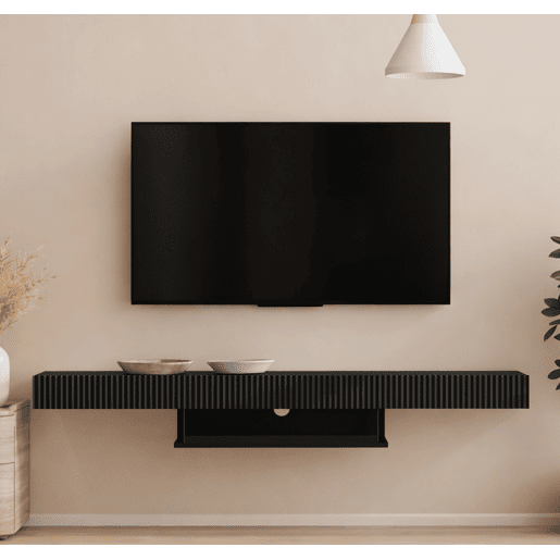 Móvel TV Suspenso Sala de estar e jantar Preto 150x40x22 1 gaveta Renzo Muebles Bonitos