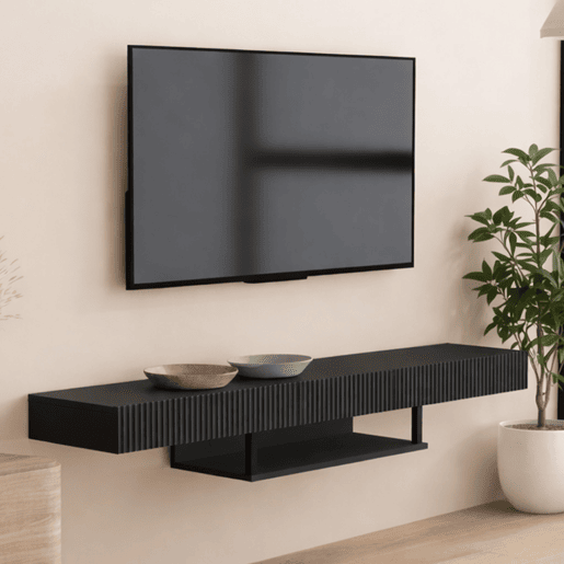 Móvel TV Suspenso Sala de estar e jantar Preto 150x40x22 1 gaveta Renzo Muebles Bonitos