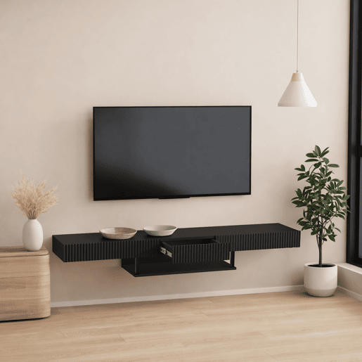 Móvel TV Suspenso Sala de estar e jantar Preto 150x40x22 1 gaveta Renzo Muebles Bonitos