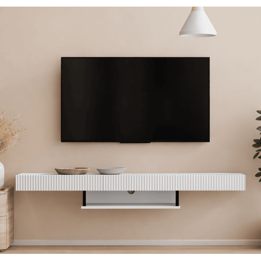 Móvel TV Suspenso Sala de estar e jantar Branco 150x40x22 1 gaveta Renzo Muebles Bonitos