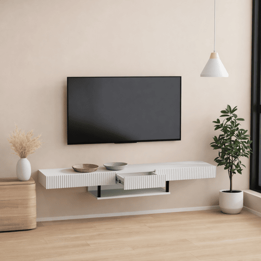 Móvel TV Suspenso Sala de estar e jantar Branco 150x40x22 1 gaveta Renzo Muebles Bonitos