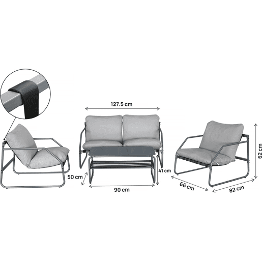 Conjunto de mobiliário de jardim em metal Sora com almofadas - 4 lugares - Cinzento