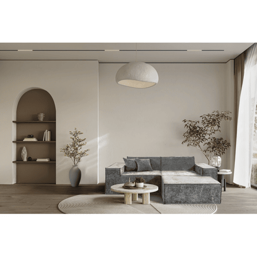 Sofá modular reto com pufe em tecido texturado Lusso - 3 lugares - Cinza
