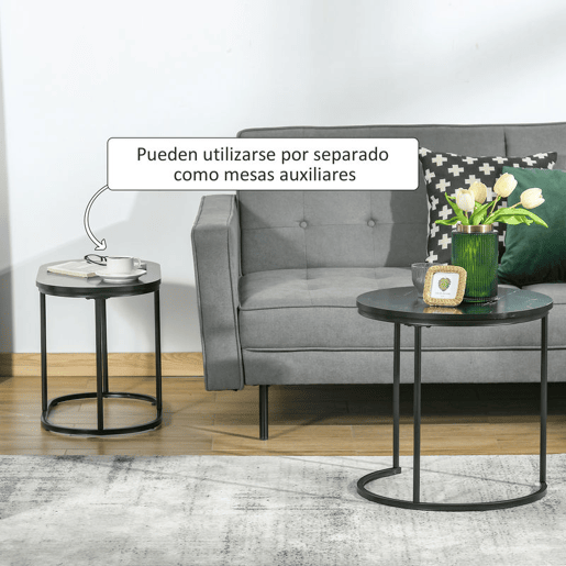 HOMCOM Conjunto de 2 Mesas de Centro Mesas Ninho Modernas Mesas Auxiliares Tampo com Efeito Mármore Estrutura em Aço para Sala Quarto Preto