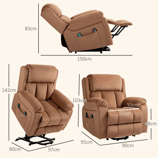 HOMCOM Poltrona Relax Levanta Pessoas Elétrica Poltrona Elevatória com 8 Pontos de Massagem Poltrona Reclinável com Função de Aquecimento Controlo Remoto e Bolso Lateral Marrom