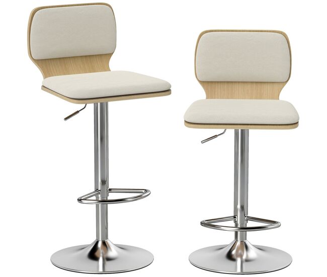 Homcom juego de 2 taburetes altos de cocina giratorios en 360°, taburetes de bar regulables en altura de 81-102 cm, tapizados en lino, reposapiés, para comedor, mostrador, beige