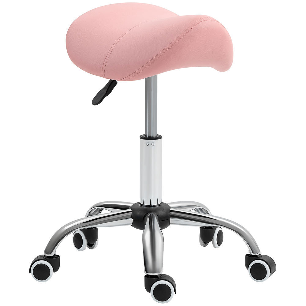 Homcom taburete con ruedas taburete giratorio cosmético con altura ajustable asiento acolchado y amplio dentista peluquería carga 120 kg 52x53x49-61 cm rosa