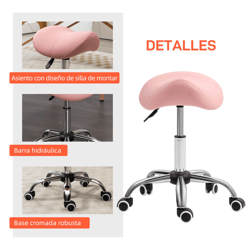 HOMCOM Banco com Rodas Banco Giratório Cosmético com Altura Ajustável Assento Acolchoado e Amplo Dentista Cabeleireiro Carga 120 kg 52x53x49-61 cm Rosa