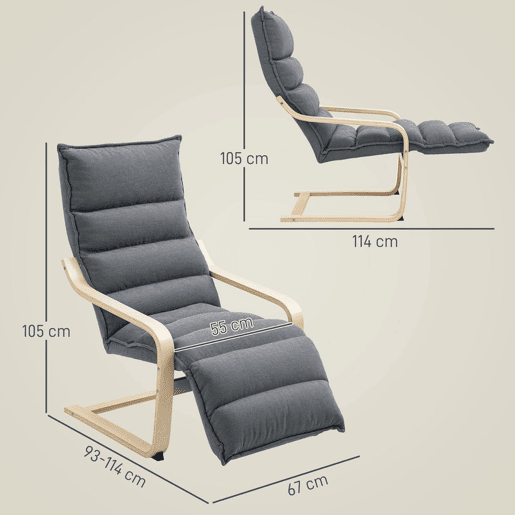 HOMCOM Poltrona de Salão com Apoio para os Pés Ajustável, Poltrona Estofada em Veludo, Estrutura de Madeira, Poltrona de Relax para Quarto, Escritório, Estudo, 67x93x105 cm, Cinzento Escuro