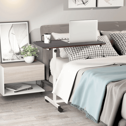 HOMCOM Mesa Auxiliar com Rodas Mesa para Sofá e Cama Altura Ajustável e Estrutura de Aço para Quarto Sala Escritório 77x40x76-100 cm Nogueira Escura
