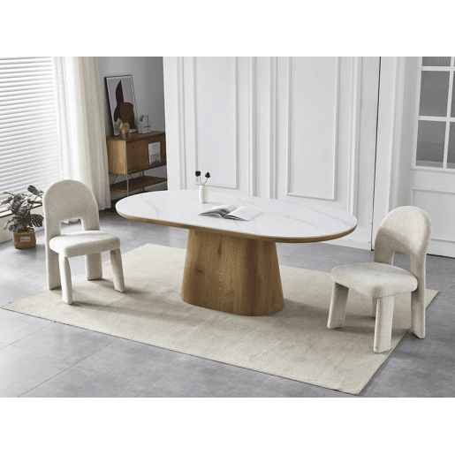 Mesa de jantar oval de madeira cerâmica Bellagio - 8 lugares - Branco e castanho