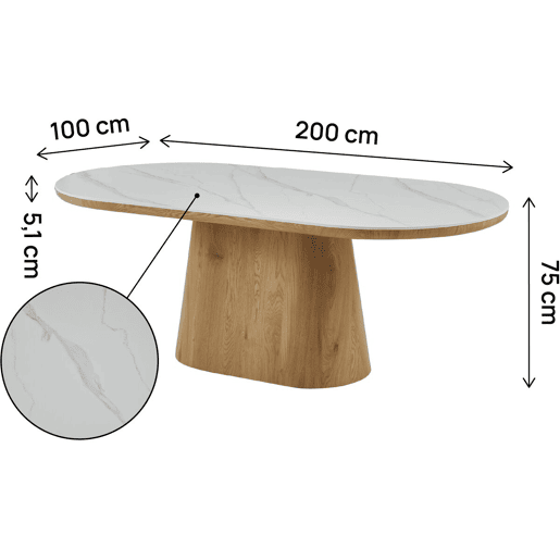 Mesa de jantar oval de madeira cerâmica Bellagio - 8 lugares - Branco e castanho