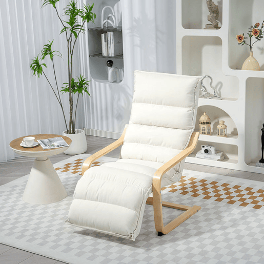 HOMCOM Poltrona de Sala com Apoio para os Pés Ajustável, Poltrona Estofada em Veludo, Estrutura de Madeira, Poltrona de Relaxamento para Quarto, Escritório, Estúdio, 67x93x105 cm, Creme