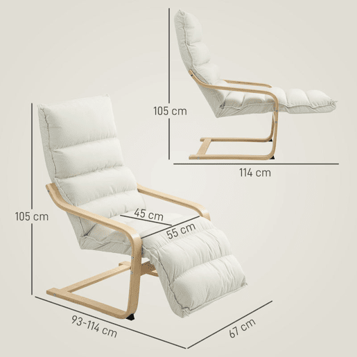 HOMCOM Poltrona de Sala com Apoio para os Pés Ajustável, Poltrona Estofada em Veludo, Estrutura de Madeira, Poltrona de Relaxamento para Quarto, Escritório, Estúdio, 67x93x105 cm, Creme