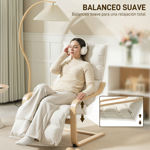 HOMCOM Poltrona de Sala com Apoio para os Pés Ajustável, Poltrona Estofada em Veludo, Estrutura de Madeira, Poltrona de Relaxamento para Quarto, Escritório, Estúdio, 67x93x105 cm, Creme