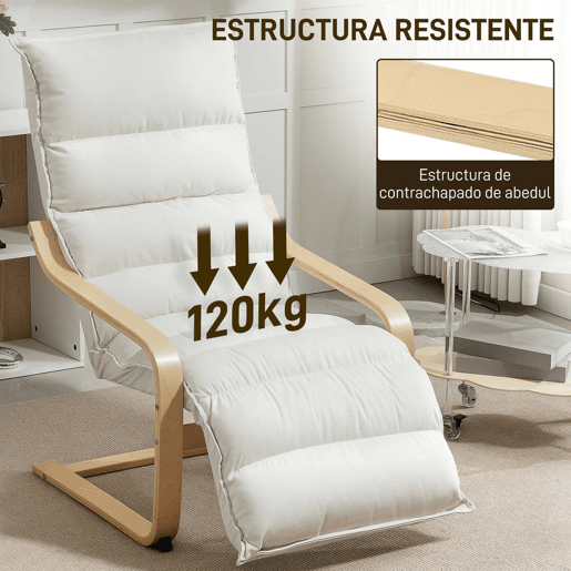 HOMCOM Poltrona de Sala com Apoio para os Pés Ajustável, Poltrona Estofada em Veludo, Estrutura de Madeira, Poltrona de Relaxamento para Quarto, Escritório, Estúdio, 67x93x105 cm, Creme