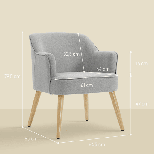 HOMCOM Poltrona Estilo Nórdico Poltrona para Sala de Estar Estofada em Linho com Pés de Madeira para Dormitório Escritório Estúdio Carga 120 kg 64,5x65x79,5 cm Cinzento