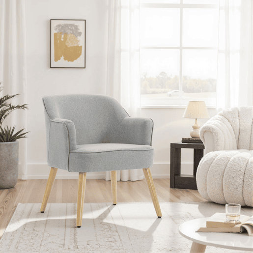 HOMCOM Poltrona Estilo Nórdico Poltrona para Sala de Estar Estofada em Linho com Pés de Madeira para Dormitório Escritório Estúdio Carga 120 kg 64,5x65x79,5 cm Cinzento