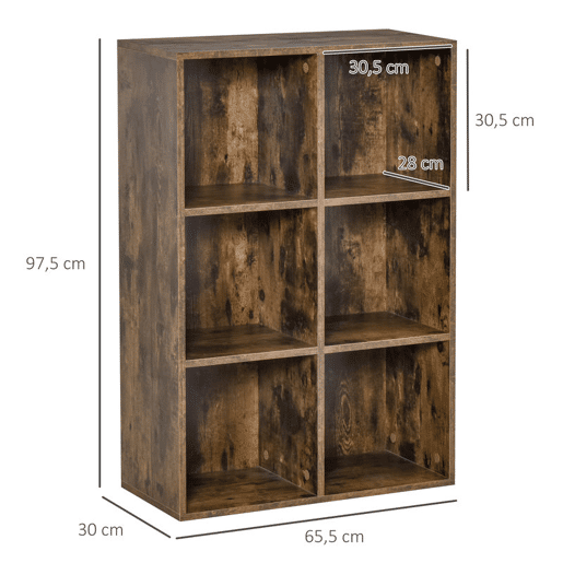 HOMCOM Estante de 3 Níveis Prateleira para Livros com 6 Cubos de Arrumação para Sala de Estar Quarto Escritório 65,5x30x97,5 cm Castanho Rústico