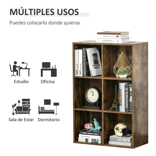 HOMCOM Estante de 3 Níveis Prateleira para Livros com 6 Cubos de Arrumação para Sala de Estar Quarto Escritório 65,5x30x97,5 cm Castanho Rústico