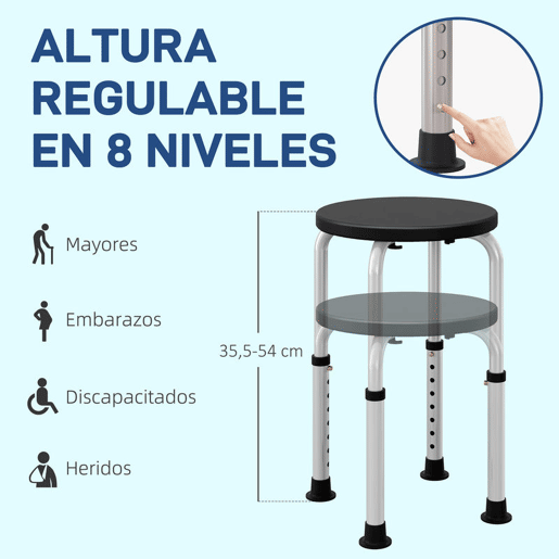 HOMCOM Banco de Duche, Cadeira de Duche Antiderrapante com Altura Ajustável Suporta 135 kg Banco de Banho para Idosos e Pessoas com Mobilidade Reduzida