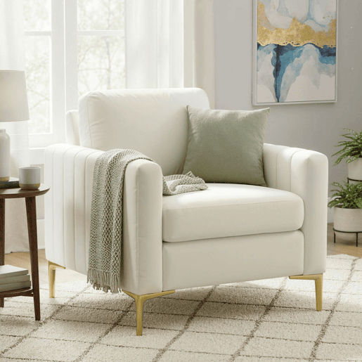HOMCOM Poltrona de Sala Poltrona Relax Moderna 81x77x81 cm Estofada em Veludo Acolchoamento Espesso Assento Amplo Apoio de Braços Almofada Creme