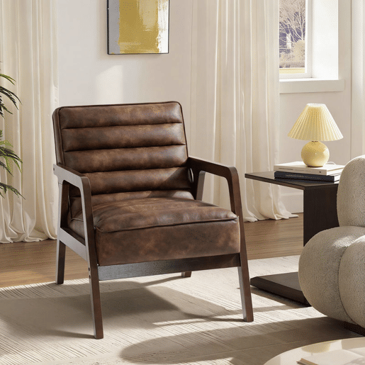 HOMCOM Poltrona Vintage Estofada em Couro Sintético com Almofada Espessa Estrutura em Madeira Maciça para Sala ou Quarto 64x79,5x80 cm Castanho
