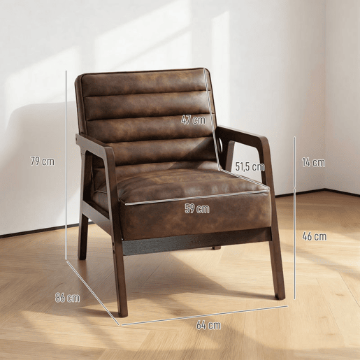 HOMCOM Poltrona Vintage Estofada em Couro Sintético com Almofada Espessa Estrutura em Madeira Maciça para Sala ou Quarto 64x79,5x80 cm Castanho