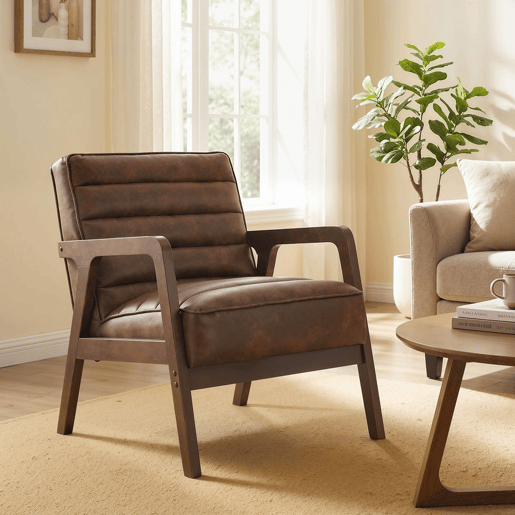 HOMCOM Poltrona Vintage Estofada em Couro Sintético com Almofada Espessa Estrutura em Madeira Maciça para Sala ou Quarto 64x79,5x80 cm Castanho