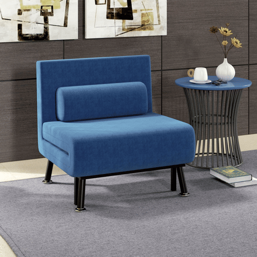 HOMCOM Sofá Cama Individual 3 em 1 Sofá Cama Dobrável Estofado em Linho com Encosto Ajustável em 5 Níveis e Almofada Acolchoada para Escritório Quarto Sala 75x70x75 cm Azul Escuro