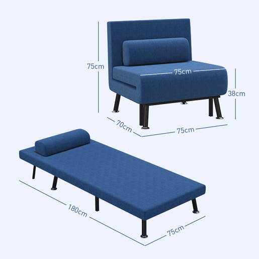 HOMCOM Sofá Cama Individual 3 em 1 Sofá Cama Dobrável Estofado em Linho com Encosto Ajustável em 5 Níveis e Almofada Acolchoada para Escritório Quarto Sala 75x70x75 cm Azul Escuro