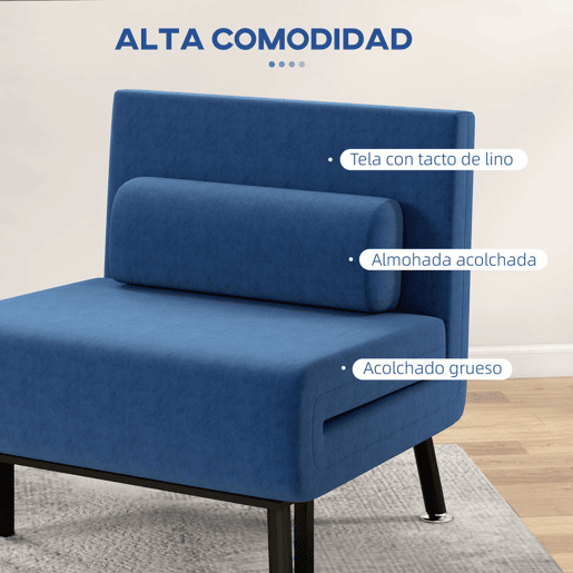 HOMCOM Sofá Cama Individual 3 em 1 Sofá Cama Dobrável Estofado em Linho com Encosto Ajustável em 5 Níveis e Almofada Acolchoada para Escritório Quarto Sala 75x70x75 cm Azul Escuro