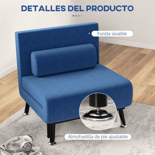 HOMCOM Sofá Cama Individual 3 em 1 Sofá Cama Dobrável Estofado em Linho com Encosto Ajustável em 5 Níveis e Almofada Acolchoada para Escritório Quarto Sala 75x70x75 cm Azul Escuro