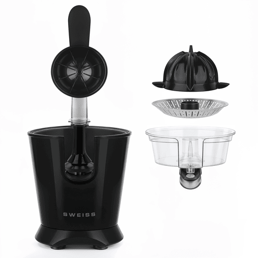 Espremedor elétrico ZEST9, SWEISS, Bico antigota, Apto para máquina de lavar loiça, Funcionamento silencioso, Braço articulado potente 160 W, Preto