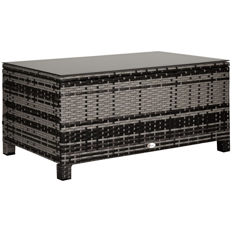 Outsunny mesa de jardín de ratán sintético mesita auxiliar con vidrio templado para terraza patio balcón 85x50x39 cm gris