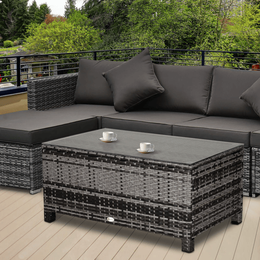 Outsunny Mesa de Jardim em Vime Sintético Mesa Auxiliar com Vidro Temperado para Terraço Pátio, Varanda 85x50x39 cm Cinzento