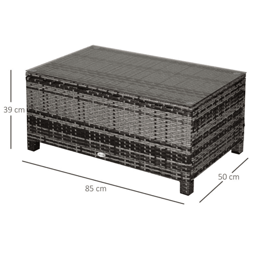Outsunny Mesa de Jardim em Vime Sintético Mesa Auxiliar com Vidro Temperado para Terraço Pátio, Varanda 85x50x39 cm Cinzento