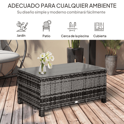 Outsunny Mesa de Jardim em Vime Sintético Mesa Auxiliar com Vidro Temperado para Terraço Pátio, Varanda 85x50x39 cm Cinzento