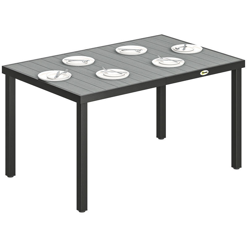 Outsunny mesa de comedor de jardín rectangular, mesa de terraza exterior 140x90x74 cm, con estructura de acero y encimera desmontable de wpc de listones, carga 50 kg, para patio, balcón, gris