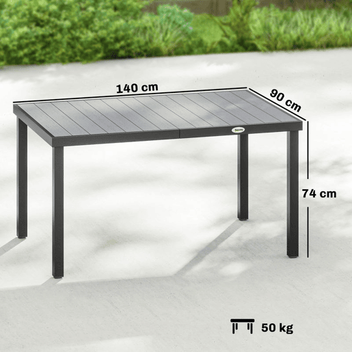 Outsunny Mesa de Jardim Retangular 140x90x74 cm com Estrutura de Aço e Tampo de Ripas em WPC para Pátio ou Varanda Cinzento