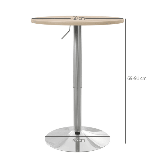 HOMCOM Mesa Alta de Cozinha Mesa Alta de Bar Redonda para 2 Pessoas Altura Ajustável 69-91 cm Tampo Giratório 360° Base de Aço para Sala Sala de Jantar Cozinha 60x60x91 cm Carvalho Claro