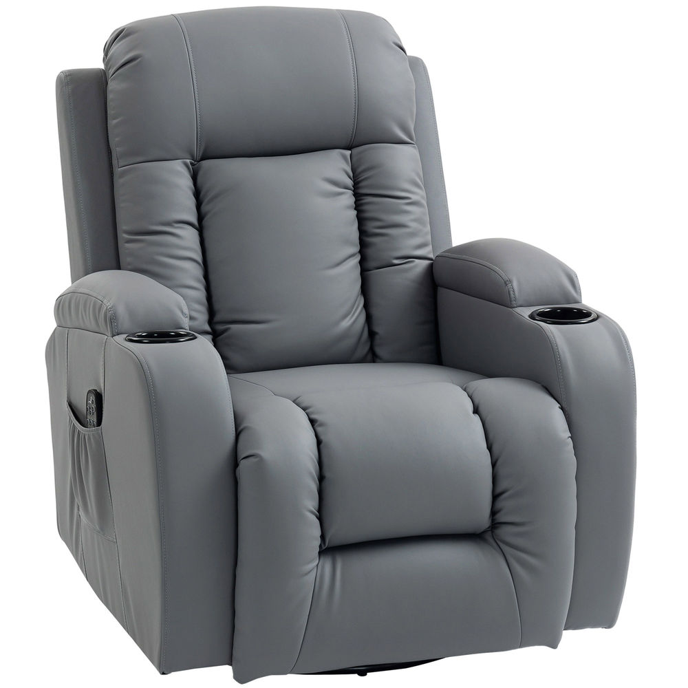 Homcom sillón de masaje giratorio, sillón relax reclinable con 8 puntos de masaje, función calefacción lumbar, mando a distancia, tapizado en pu, reposapiés, bolsillo lateral, función basculante gris