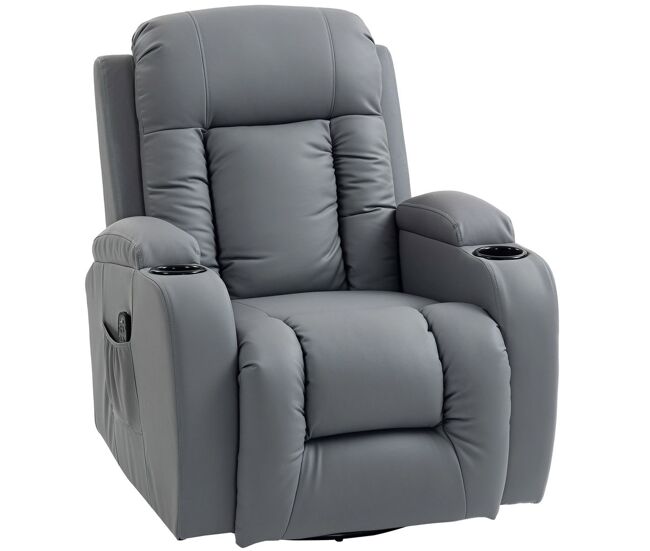 Homcom sillón de masaje giratorio, sillón relax reclinable con 8 puntos de masaje, función calefacción lumbar, mando a distancia, tapizado en pu, reposapiés, bolsillo lateral, función basculante gris