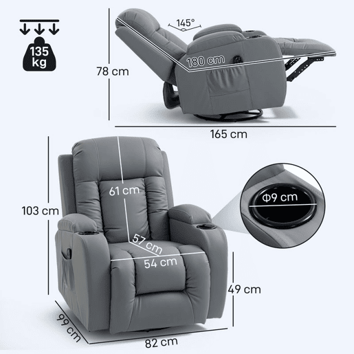 HOMCOM Poltrona de Massagem Giratória Poltrona Relax Reclinável com 8 Pontos de Massagem Função de Aquecimento Lombar Controlo Remoto Revestimento em PU Apoio para os Pés Bolso Lateral Função Oscilante Cinzento HOMCOM Poltrona de Massagem Giratória Poltrona Relax Reclinável com 8 Pontos de Massagem Função de Aquecimento Lombar Controlo Remoto Revestimento em PU Apoio para os Pés Bolso Lateral Função Oscilante Cinzento