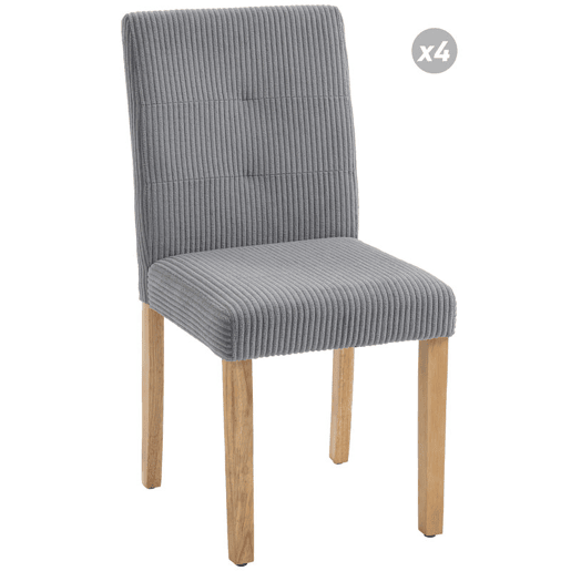 HOMCOM Conjunto de 4 Cadeiras de Jantar Modernas Encosto Alto Estofadas em Tecido Canelado Tipo Veludo Assento Acolchoado Pernas de Madeira 44x56x90 cm Cinzento